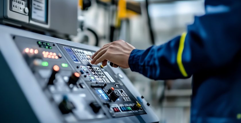 Hand reaching for a CNC machine control pad at a CNC Operator Job