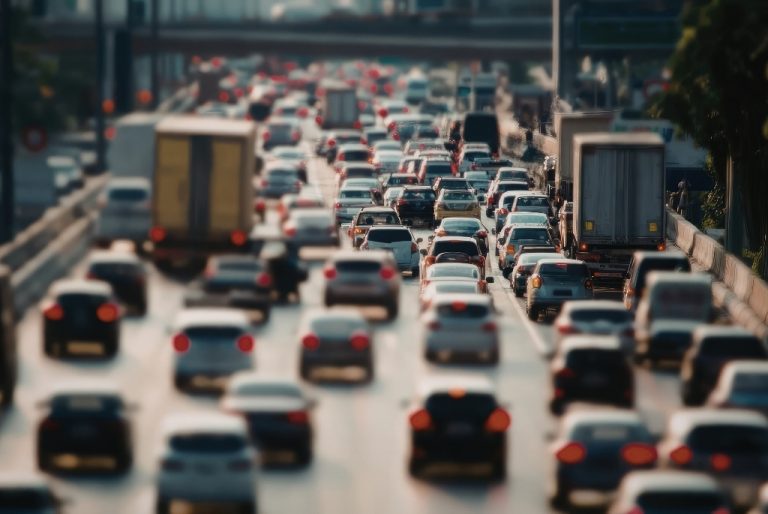 Stream of traffic on a highway driving their commute distance to work