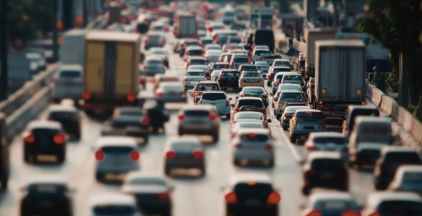 Stream of traffic on a highway driving their commute distance to work